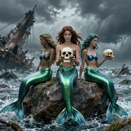 three mermaids on a rock, one mermaid holds a skull in her hands,, in the background is a wreck, stormy weather, by greg rutkowski, magic the gathering, trending on artstation, highly detailed, 4 k