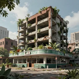 a beautiful photorealistic rendering of building industrial architecture abandoned city diner architecture urbex unfinished building by louis kahn, junglepunk cgsociety matte painting liberty city, archdaily, wallpaper, highly detailed, trending on artstation.