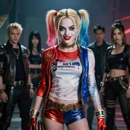 a portrait of a Margot Robbie Harley Quinn as a succubus fully clothed by Greg Rutkowski, Sung Choi, Mitchell Mohrhauser, Maciej Kuciara, Johnson Ting, Maxim Verehin, Peter Konig, final fantasy , mythical, 8k photorealistic, cinematic lighting, HD, high details, atmospheric,