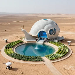 windtrap electrostatic atmospheric water collection system at desert terraformation project, venus project,  with snail-shaped biomimetic architecture, mini amphitheatre, mini lake, vertical vegetable gardens, robotic drones, XF IQ4, 150MP, 50mm, F1.4, ISO 200, 1/160s, natural light