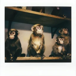 close up of a shelf of taxidermy monkeys, dramatic lighting, polaroid