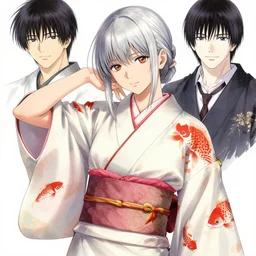 girl, silver hair, kimono with red koi patterns, trending on artstation, detailed, pose, body shot, ilustration by Takehiko Inoue and Yoann Lossel