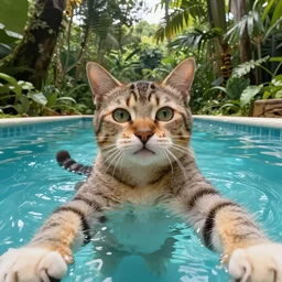 a cat taking selfie in a swimming pool in the middle of the jungle, highly detailed, digital painting, artstation, concept art