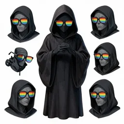 sketch of a grim reaper wearing rainbow glasses in random poses