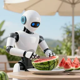 a robot cutting watermelon under a sun umbrella on a summer day, sharp focus, featured in artstation, digital painting, concept art, cinematic lighting, illustration, art by erik johansson, greg rutkowski