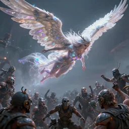 an astral angel of vengeance flies above an horde of enemies. intricate artwork. by tooth wu, wlop, beeple, dan mumford. octane render, trending on artstation, greg rutkowski, cinematic, high detail, octane render, 8 k, iridescent accents