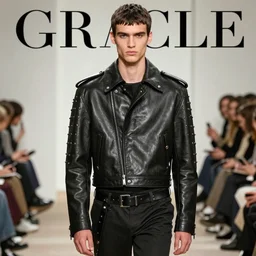 a editorial photo of a male model wearing a designer medieval cropped leather menswear jacket by alexander mcqueen