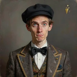 portrait painting of a funny looking skinny man wearing fancy clothes and a cap, sharp focus, award - winning, trending on artstation, masterpiece, highly detailed, intricate. art by rebecca guay