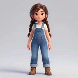 complete full view of a : : 3 d beautiful female young farmer character : : with long brown braided hair and a beautiful face of alita battle angel and ariel by artgerm and wlop, wearing blue jean overalls in the style of pixar, disney, c 4 d, octane render