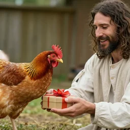 jesus handing over a chicken to you as a present