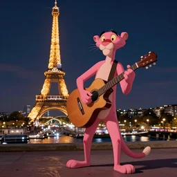 django reinhardt playing guitar in paris at night in the style of the pink panther show, cartoon, 4 k