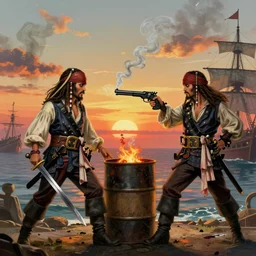 two pirates, one with a sword and one with a gun, facing each other in a duel to the death, smoldering barrel of gunpowder smoke, bloody sword, sunset background, ship on the horizon!, portrait 4 / 3, fantasy, high detail, greg rutkowski, james gurney, gene wolfe, gustave dore, jesper ejsing, rhads, makoto shinkai, ilya kuvshinov