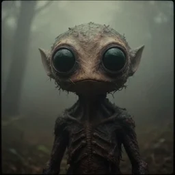 vintage photograph of a fantastical creature, horrifying, hollow black eyes, deep foggy atmosphere