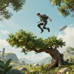 a zero - gravity futuristic scene, of a man jumping over a tree, concept art, trending on art station