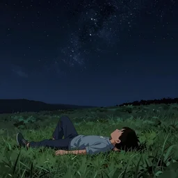 a boy lays on a grassy field and stares up at a detailed dark, night sky filled with stars, trending on art station
