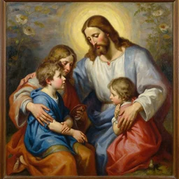 a beautiful oil painting of Jesus Christ helping orphans, detailed, vivid colors