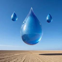 very big raindrops floating in a perfect blue sunny sky above desolate land, hyper detailed photorealistic, saturated colors