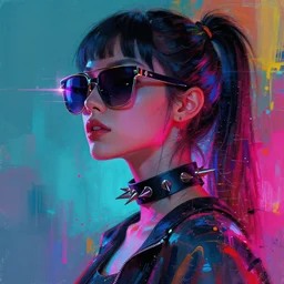 a cyberpunk girl wearing huge sunglasses with neon reflections, wearing a spiked choker, side portrait, defiant, passionate, edge lighting, paint drips, glitching paint splatter, vibrant colors, dramatic, brush strokes, collage, futuristic clothing, digital painting, by marco paludet, by jeremy mann, by hannah hoch