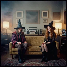 fujifilm velvia 5 0, wetplate, award - winning colour portrait : occult dadcore wizards and momcore witches ina bedroom record studio, 1 9 6 0 s room, 1 9 6 0 s couch, retro hi - fi gear, retro audio gear, square picture frames, haze, concrete, shining lamps, 1 9 6 0 s metal furniture, smoke, fog