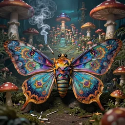 A centered chest up portrait of a psychedelic godlike mothman with giant mandala wings smoking a hand-rolled cigarette smoking heavily , magic mushroom village in background , post-processing , award winning. superb resolution. in the art style of junji Ito and greg rutkowski . Detailed Mushroom city in background. Hyper realistic anime. Perfect art. Dalle2
