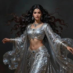 Painting of a beautiful indian princess, stunning 3d render inspired art by P. Craig Russell and Barry Windsor-Smith + perfect facial symmetry + dim volumetric lighting, vibrant dark wavy hair, ornate flowing silvered robes, dizzy, full body, 8k octane beautifully detailed render, post-processing, extremely hyperdetailed, intricate, epic composition, grim yet sparkling atmosphere, cinematic lighting + masterpiece, trending on artstation, very very detailed