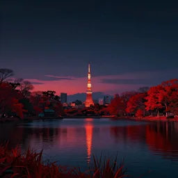 landscape by claude lorrain, lake infrared at dusk reclaimed by nature nightsky neon noir futuristic retrowave tokyo dramatic lighting, archdaily, wallpaper, highly detailed, trending on artstation.