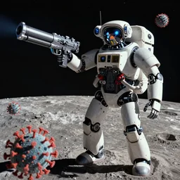 close - virus recordings over saturated robot with space gun on the moon