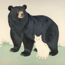 ukiyo-e print of samurai Asian black bear and a cat, intricate, elegant, highly detailed, digital painting, artstation, concept art, smooth, sharp focus, illustration, art by Andō Hiroshige