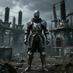 Elden Ring Inspired Arthurian Knight abandoned electrical plant, rubber undersuit, moody colors, 4k, glowing eyes in helmet, industrial environment, horror movie cinematography, electrical plant location, hyper realistic, ultra realistic