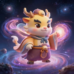 cartoon chinese god beast in space, absorbing the energy of galaxies to create his metaverse, soft light, realism, maximum detail, high quality, good study of style, depth of field, focus, painting classicism and abstractionism, 8 k