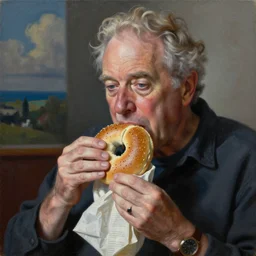 Larry David eating a bagel as painted by Jean-Michel Basquiat, oil painting