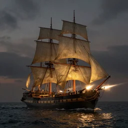 an extremely detailed masterpiece of the sailing vessel bonhomme richard with canons discharging in early evening, in the style of george philip reinagle, epic scene, extremely moody lighting, glowing light and shadow, atmospheric, shadowy, cinematic, 4 k