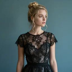 a portrait of a young blonde woman wearing an evening dress, black transparent lace, messy bun hairstyle, delicate face, looking away, cinematic, intricate details and textures, soft lighting, epic pose, in front of a blue - green wall, by artgerm, greg rutkowski, alphonse mucha, jeremy lipking, 8 k