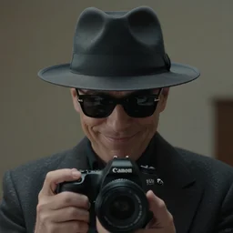 film still, extreme long shot, of an enigmatic mysterious man, making a smuck smile, face unseen by wearing a luxury designer fedora and chopard sunglasses, expensive outfit, elegant, casual, intricate, symmetrical, rich moody colors, by annie leibovitz, canon eos 5 d mark iv camera