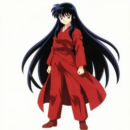 anime girl with a detailed face and black hair in a red outfit, full body, trending, extreme long shot, illustration, by hiroyuki imaishi
