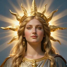a beautiful portrait of a sun goddess with a golden crown, sunlight beams, god rays, volumetric lighting, by rembrandt, detailed, 8 k