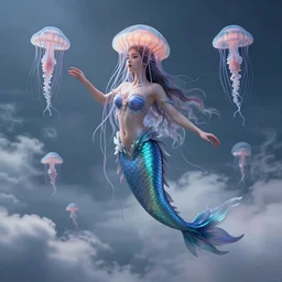 Full body photo of the most beautiful goddess, she has a jellyfish head and a siren body, some tentacles are touching her, she flying to heaven through the clouds, she is swimming with some chrysaora hysoscella with smoke behid her, by Tooth Wu, trending on Artstation, digital art, symmetrical artwork, cinematic, hyper realism, high detail, octane render, 4k, 8k