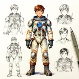 color pen and ink and pencil sketch character concept design game asset of sketches watercolor of a boy scientist wearing a home made 1950s style science fiction retro space suit by Stanley Artgerm Lau, WLOP, Rossdraws, James Jean, Andrei Riabovitchev, Marc Simonetti, and Sakimichan, tranding on artstation , assets, character design, tending on pinterest, trending on cgtalk, trending on concept art, trending on character design