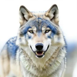 pale blue wolf, pale green handkerchief, dark blue hair, dark blue spots, black nose, happy smile having fun, beige ears, beige mane, black eyes, hyperrealistic, photo realistic, realistic, beautiful white lighting, in the middle of the day, hyperdetailed, very detailed, excellent composition