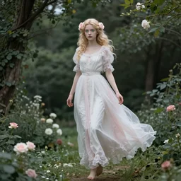 a beautiful young girl, pale, turquoise eyes, curly blond, angle face, roses in her hair, realistic, fairy look, long white hyperdetailed dress in pale pink and white, full body floating, secret garden, cinematic, trending on art station