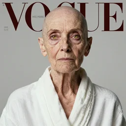 Photo of an 80 year old woman, bald head, frail, gold sclera, white linen robe, editorial fashion photography, from Vogue magazine
