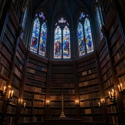 the eldritch library of ancient lore, interior shot, stained glass, high bookshelves, dark wood, candles, gothic architecture, twilight streaming through high windows, skylights