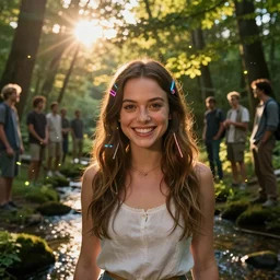 big - eyed mila kunis summer princess smiling intensely into the camera, sun - rays through canopy, gentle sparkling forest stream, sundown golden hour firefly wisps, cyberpunk neon, hair clips, focal length : 2 0 0. 0 mm, steve hanks, charlie bowater, mark brooks, steve henderson, justin gerard, mark keathley, victor nizovtsev, tom bagshaw, krenz cushart, ross tran