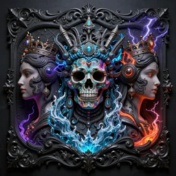 3 d ornate carved dark cosmic king queen profile portrait, sigma 5 0 0 mm f / 5. beautiful intricate highly detailed quetzalcoatl skull. bioluminescent, plasma, lava, ice, water, wind, creature, thunderstorm! artwork by tooth wu and wlop and beeple and greg rutkowski, 8 k trending on artstation