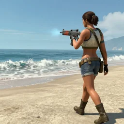 fps screenshot of a woman walking on the beach, gun, half - life 2
