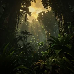 a beautiful render of a dark prehistoric cloud forest, lush flora, patches of yellow - orange sky, dark green leaves, intricate detail, god rays, hazy, humid, volumetric lighting, 8 k, photorealistic, raytracing effects, unreal engine 5