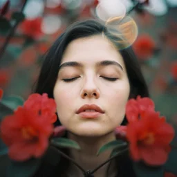 An analog head and shoulder face photography of a woman behind red flowers and leaves by Maxim Nikolaev. closed eyes. Kodak Portra 800 film. Depth of field. whirl bokeh. Sunshine. detailed. hq. realistic. warm light. muted colors. Moody. Filmic. Dreamy. lens flare. Leica M9, f/1.2, symmetrical balance, in-frame