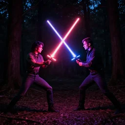 lightsaber duel in a forest at night by Dan Mumford