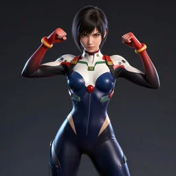 young female character in a plugsuit inspired by ling xiaoiy from tekken, digital art made by makoto shinkai and wlop, anatomically correct, extremely coherent, battle pose, hd, symmetrical