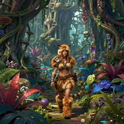 explorer woman walking in animal fur armour, walking in a dense alien jungle with colourful red, blue and purple plants, large vines, mossy organic rock structures, in the style of monster hunter world, like concept art on artstation, hyperdetailed, vray render, octane render,